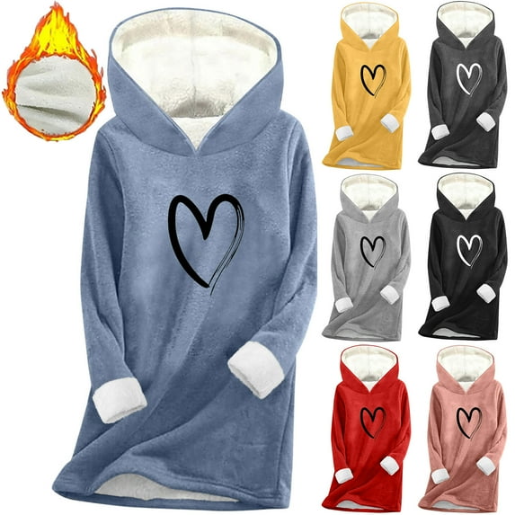 Horkkom Fleece Hoodie Women Winter Pullover Soft Long Hoodies Heart Print Warm Sweatshirts L
