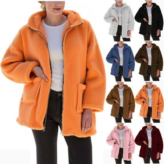Horkkom Fleece Jacket Women Solid Color Fuzzy Zip Up Jackets Casual Soft Winter Coats with Pockets L