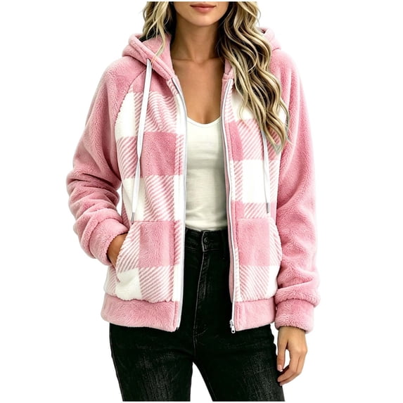Horkkom Fleece Jacket Women Winter Zip Up Plaid Print Jacket Soft Warm Hooded Jacket with Pockets L