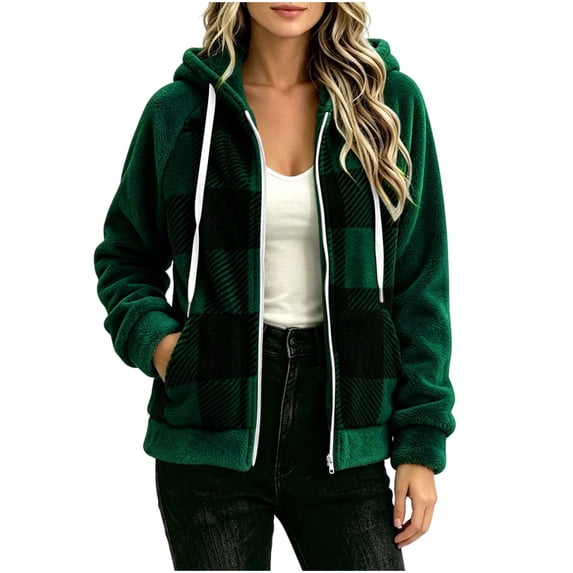 Horkkom Fleece Jacket Women Winter Zip Up Plaid Print Jacket Soft Warm Hooded Jacket with Pockets M