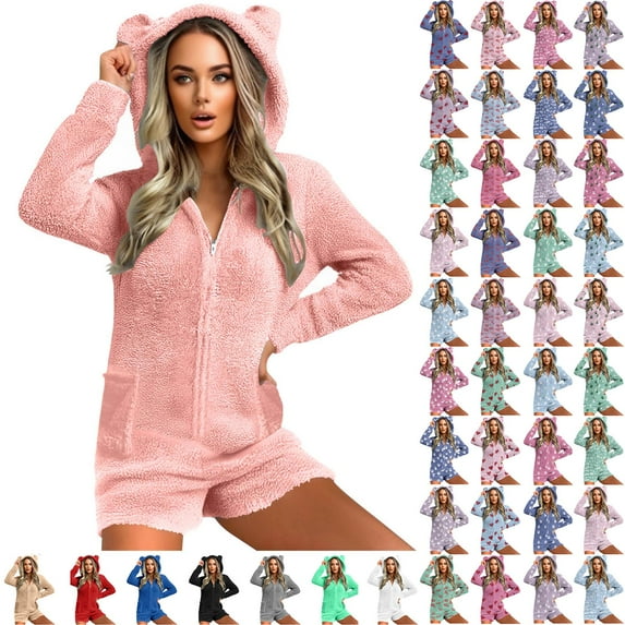 Horkkom Fleece Pajamas Women Fuzzy Onesie Pajamas with Hood Zipper Winter Long Sleeve Shorts Loungewear M, Gifts for Women