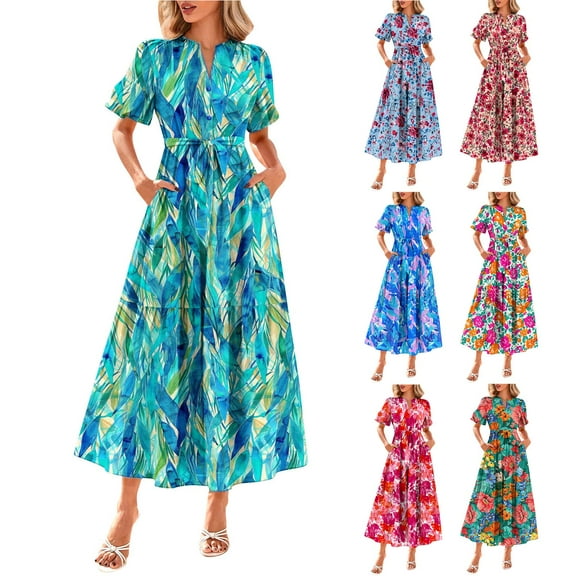 Horkkom Floral Dress for Women Summer V Neck Maxi Dresses Boho Short Sleeve Tiered A Line Dresses with Pockets Blue L
