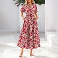 thumbnail image 1 of Horkkom Floral Dress for Women Summer V Neck Maxi Dresses Boho Short Sleeve Tiered A Line Dresses with Pockets Red 2XL, 1 of 6