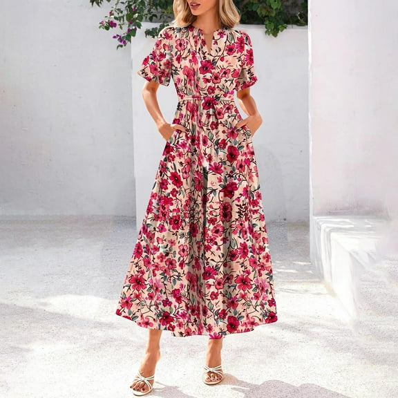 Horkkom Floral Dress for Women Summer V Neck Maxi Dresses Boho Short Sleeve Tiered A Line Dresses with Pockets Red 2XL