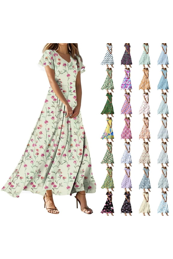 Floral Dress for Women Summer V Neck Maxi Dresses Casual Vacation A Line Dresses, Gifts for Women L