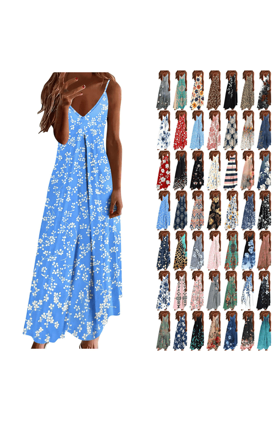 Floral Dress for Women V Neck Spaghetti Strap Maxi Dresses Summer Beach Long Dresses XXL