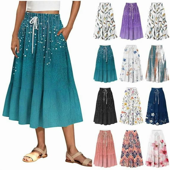 Horkkom Floral Skirts for Women High Waist A Line Maxi Skirts Summer Causal Loose Pleated Skirts L