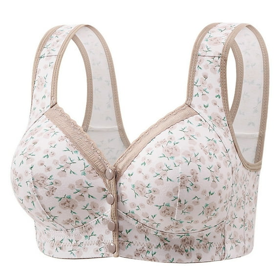 Horkkom Front Closure Bras for Women Plus Size Button Snap Closing Wireless Bras Floral Print Wide Strap Bras 36/80BC, Gifts for Women