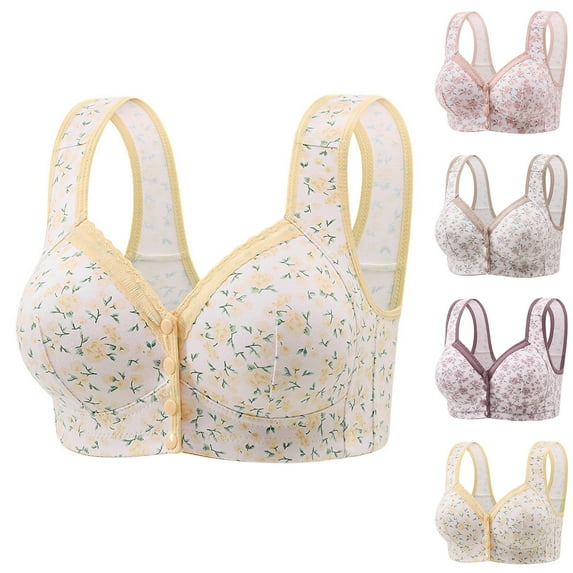Horkkom Front Closure Bras for Women Plus Size Button Snap Closing Wireless Bras Floral Print Wide Strap Bras 40/90BC, Gifts for Women