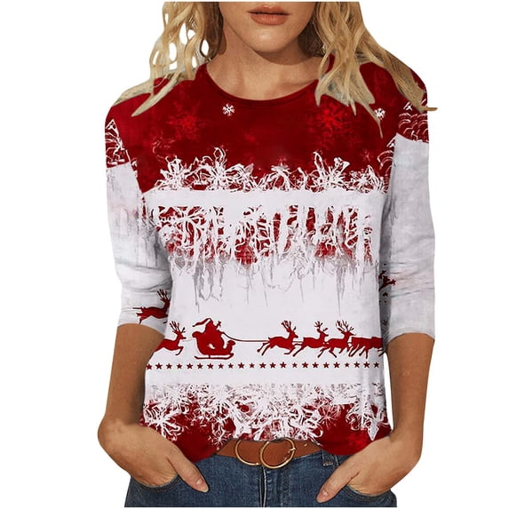 Horkkom Funny Christmas Shirts for Women Bright Graphic 3/4 Length Sleeve Tees Crew Neck Loose Xmas T Shirts XXXL, Gifts for Women