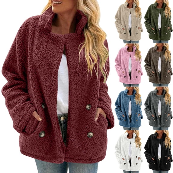Horkkom Fuzzy Jackets for Women Soft Button Fleece Jacket Casual Warm Winter Coats with Pockets S