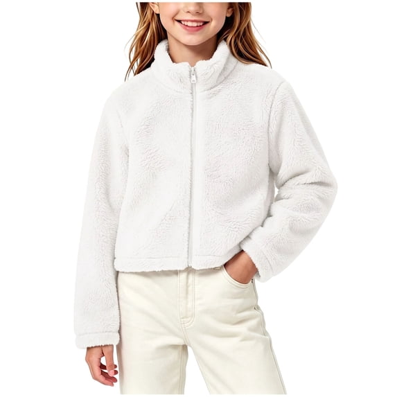 Horkkom Girls Fleece Jacket Teen Solid Color Cropped Zip Up Collared Sweatshirts Kids Casual Trendy Jackets 13-14 Years