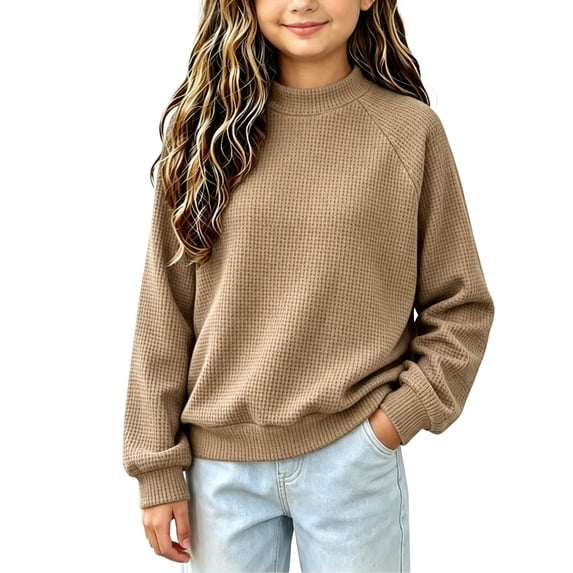 Horkkom Girls Sweatshirt Solid Color Teen Kids Mock Neck Pullover Sweatshirts Casual Loose Long Sleeve Tops 13-14 Years