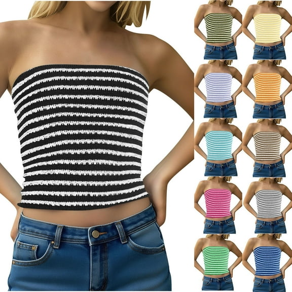 Horkkom Going Out Tops for Women Summer Backless Strapless Tube Tops Going Out Striped Print Bandeau Tops L, Gifts for Women