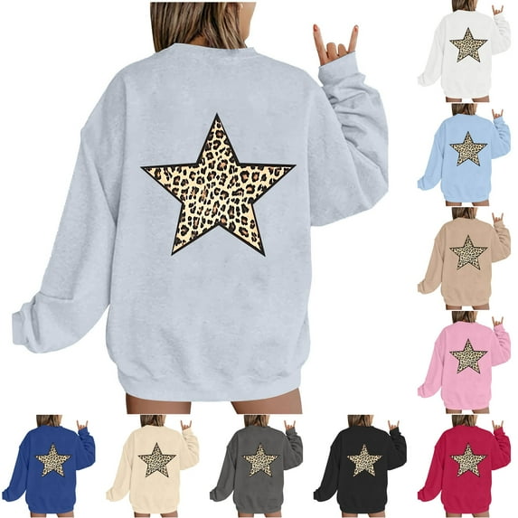Horkkom Graphic Sweatshirts for Women Fleece Pullover Oversized Sweatshirt Leopard Star Print Crewneck Sweatshirts, Gifts for Women