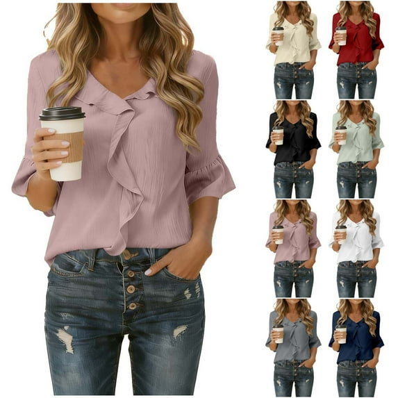 Horkkom Half Sleeve Tops for Women Solid Color Dress Shirts Casual Ruffle V Neck Blouses XXL
