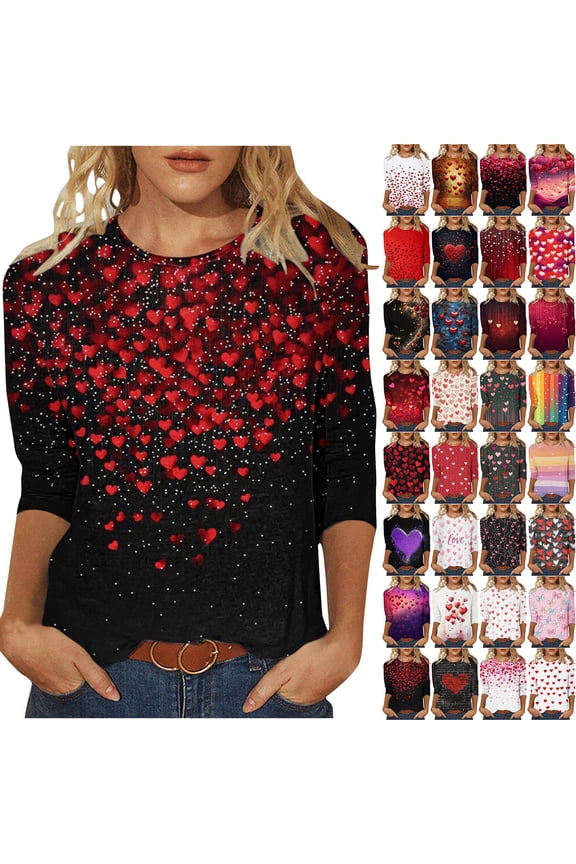 Heart Shirts for Women, 3/4 Length Sleeve Valentines Shirts, Crewneck Heart Print Graphic Tees L, Gifts for Women