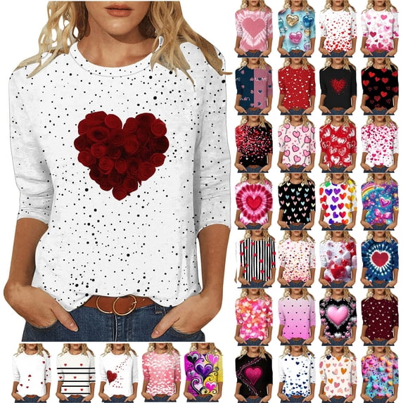 Horkkom Heart Shirts for Women 3/4 Length Sleeve Valentines Shirts Crewneck Heart Print Graphic Tees S, Gifts for Women
