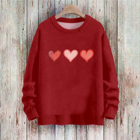 Horkkom Heart Sweater for Women Heart Print Red Valentines Day Sweaters Long Sleeve Crewneck Pullover Sweaters XXL, Gifts for Women
