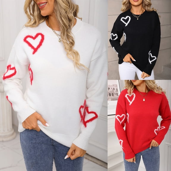 Horkkom Heart Sweater for Women, Long Sleeve Heart Print Valentines Sweater Crewneck Pullover Sweaters S, Gifts for Women