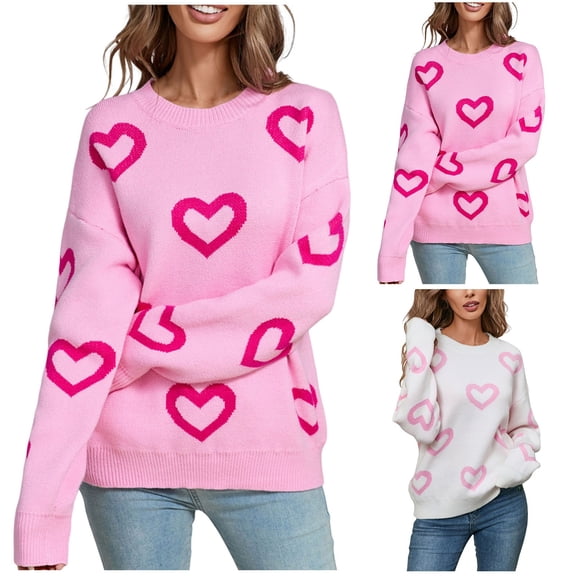Horkkom Heart Sweater for Women, Long Sleeve Heart Print Valentines Sweater, Crewneck Pullover Sweaters XL, Gifts for Women