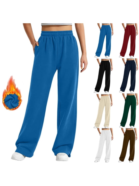 High Waisted Pants for Women Winter Fleece Lined Elastic Waist Sweatpants Soft Warm Comfy Pants with Pockets, S-2XL