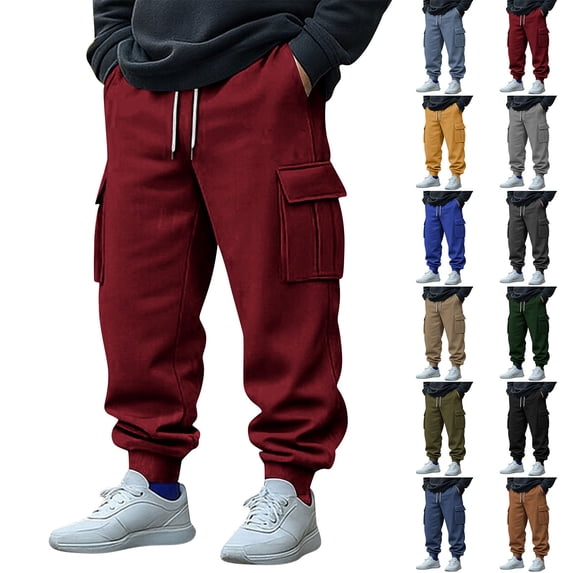 Horkkom Hiking Pants Men Elastic Waist Drawstring Cargo Pants Workout Work Joggers with Pockets L