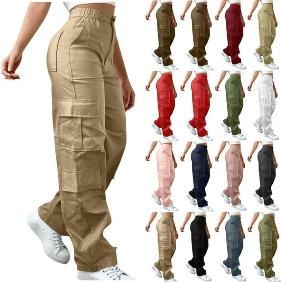 Horkkom Hiking Pants Women Button Zip High Waisted Cargo Pants Casual Climbing Straight Leg Pants with Pockets L