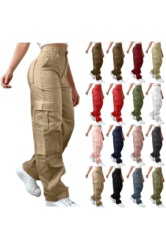 Hiking Pants Women Button Zip High Waisted Cargo Pants Casual Climbing Straight Leg Pants with Pockets L