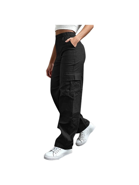 Hiking Pants Women Elastic Waist Straight Leg Cargo Pants Camping Travel Work Pants with Pockets, S-2XL