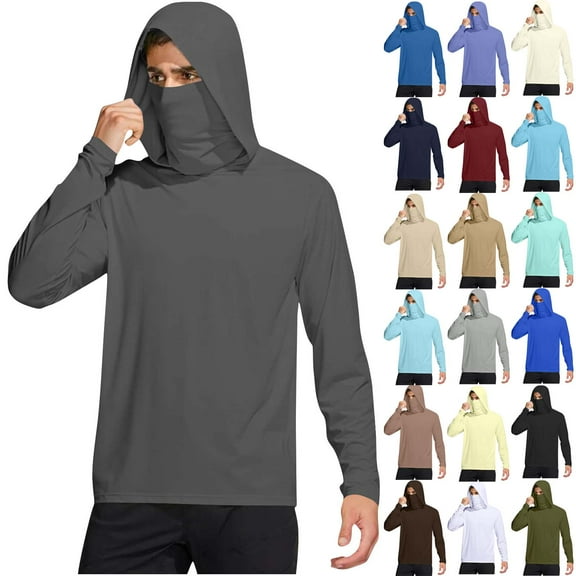 Horkkom Hooded Sun Shirts for Men Solid Color Long Sleeve Sun Protection Shirts Outdoor Breathable Fishing Hoodie With Mask XL, Gifts for Men
