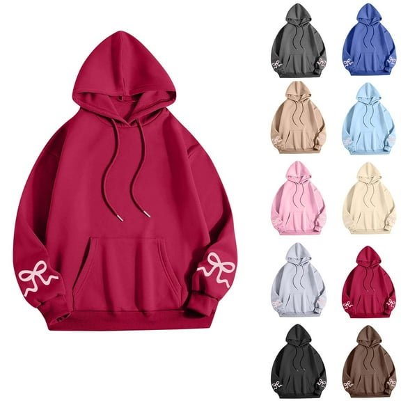 Horkkom Hoodies for Women Bows Print Pullover Sweatshirts with Drawstring Pocket Drop Shoulder Long Sleeve Graphic Hoodies, Gifts for Women