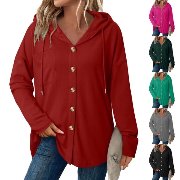 Horkkom Hoodies for Women Button Down Long Sleeve Blouses with Hood Drawstring Pocket Casual Loose Solid Color Tops M