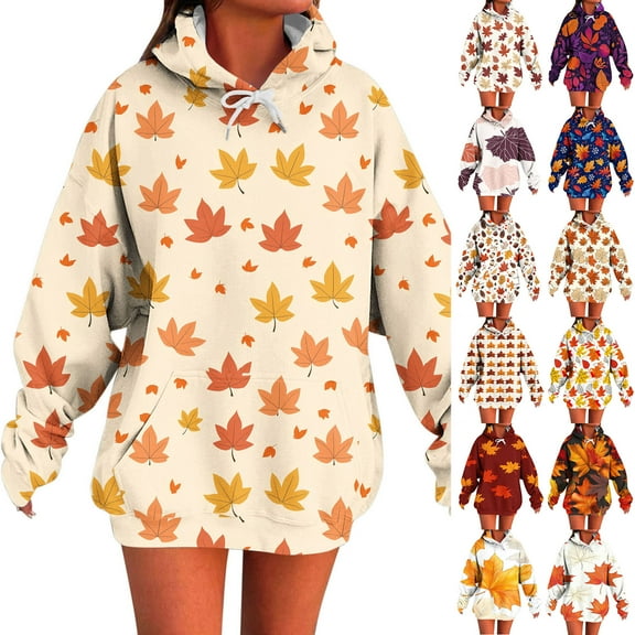 Horkkom Hoodies for Women Maple Leaf Print Graphic Hoodies Casual Pullover Sweatshirts with Drawstring Pocket L, Gifts for Women