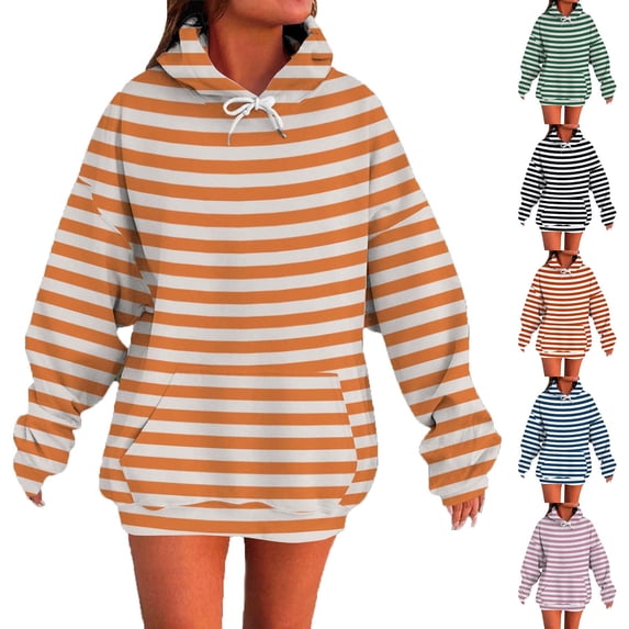 Horkkom Hoodies for Women Pullover Striped Print Sweatshirts Fall Winter Casual Fleece Hoodie with Pocket Drawstring XXL, Gifts for Women