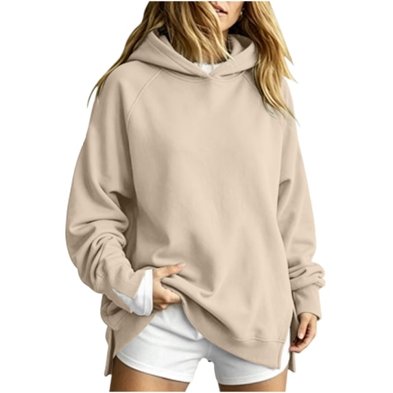 Horkkom Hoodies for Women Solid Color Long Sleeve Pullover Sweatshirt Oversized Casual Tops L