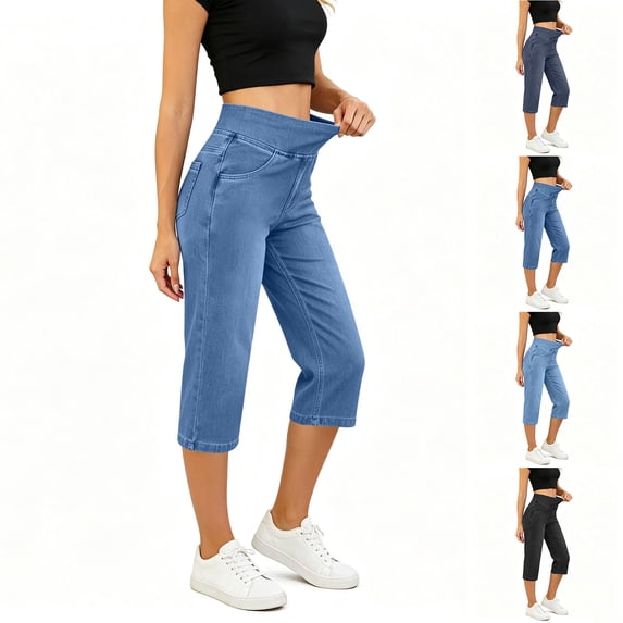 Horkkom Jeans for Women Plus Size Elastic Waist Capri Pants Casual Comfy Denim Capris with Pockets L