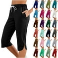 thumbnail image 1 of Horkkom Knee Length Shorts Women Solid Color Elastic Waist Drawstring with Pockets Sweatshorts Casual Outdoor Workout Shorts, Gifts for Women, 1 of 5