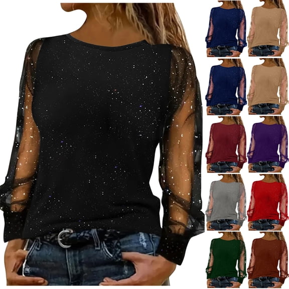 Horkkom Lace Long Sleeve Tops for Women Sparkly Party Casual Tops Sequin Crewneck Long Sleeve Blouses L