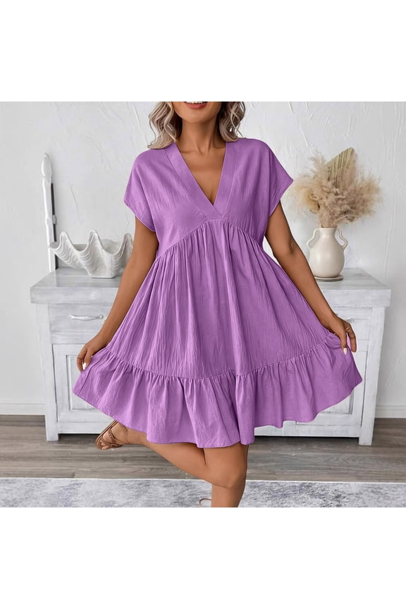 Linen Dress Women Short Sleeve Mini Solid Color Summer Dresses Loose Pleated Flowy dresses, S-2XL