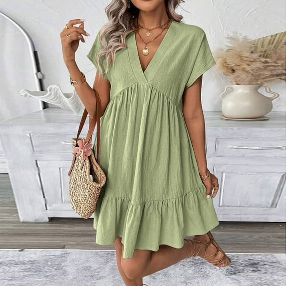 Horkkom Linen Dress Women Short Sleeve Mini Solid Color Summer Dresses Loose Pleated Flowy dresses, S-2XL