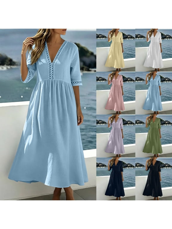 Linen Dress Women Short Sleeve Solid Color V Neck Maxi Dresses Casual Lace Flowy Dresses, S-2XL