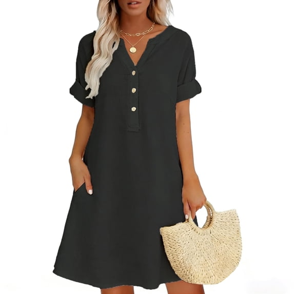 Horkkom Linen Dress Women Solid Color Short Sleeve V Neck Plus Size Dresses Summer Beach Mini Dresses with Pockets, S-2XL