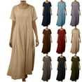 thumbnail image 1 of Horkkom Linen Dress Women Summer Short Sleeve Maxi Dress Casual Loose Flowy Pleated Dresses Crew Neck Solid Color Long Dresses S, 1 of 6