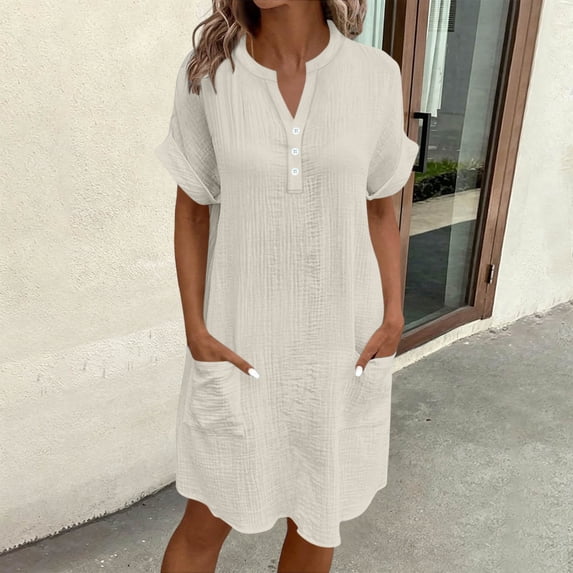 Horkkom Linen Dress Women V Neck Solid Color Short Sleeve Sundresses Beach Vacation T Shirt Dress with Pocket, S-2XL