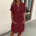 thumbnail image 1 of Horkkom Linen Dress Women V Neck Solid Color Short Sleeve Sundresses Beach Vacation T Shirt Dress with Pocket, S-2XL, 1 of 6