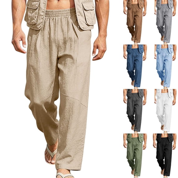 Horkkom Linen Pants Men Breathable Elastic Waist Solid Color Pants Summer Loose Casual Pants with Pockets S
