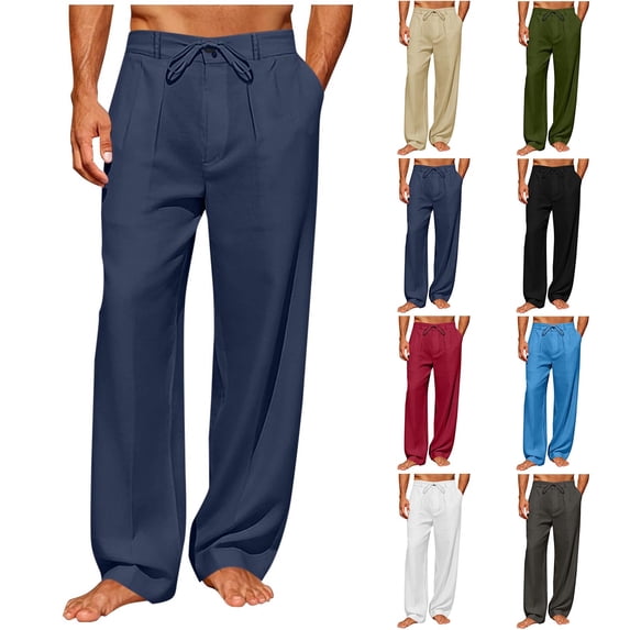 Horkkom Linen Pants Men Breathable Elastic Waist Zipper Pants Summer Loose Casual Pants with Pockets XL