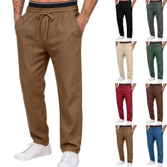 Horkkom Linen Pants Men Elastic Waist Drawstring Beach Pants Summer Casual Pants with Pockets S
