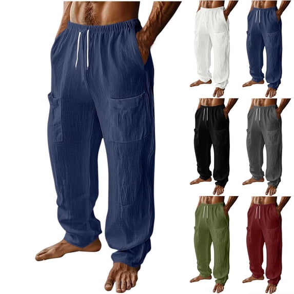 Horkkom Linen Pants Men Elastic Waist Drawstring Casual Pants Summer Solid Color Beach Pants with Pockets XXL